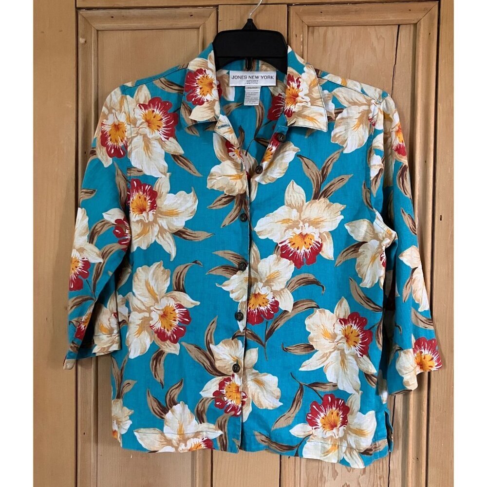 Jones New York Vintage 90s Floral Linen Hawaiian Shirt Small Petite Blue SP EXC - Picture 2 of 11